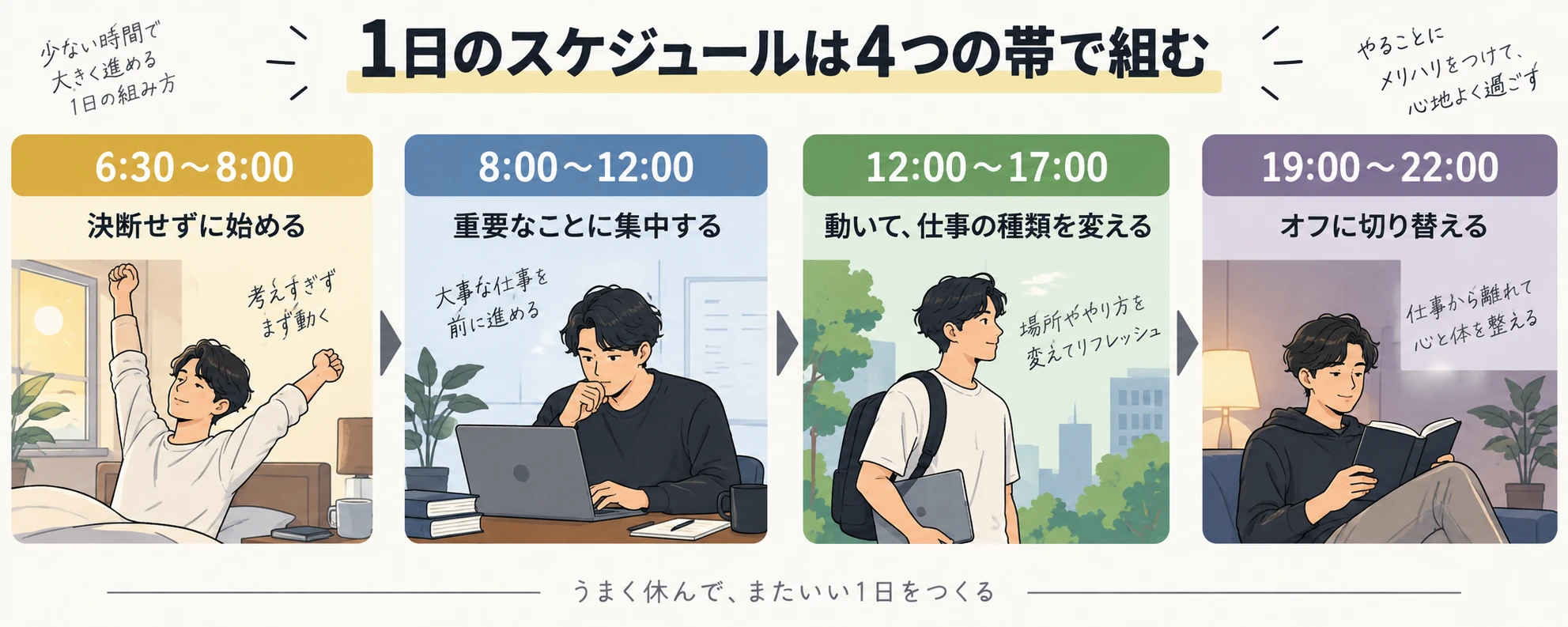 1日のスケジュールを、6時30分から8時、8時から12時、12時から17時、19時から22時の4つの時間帯に分けた図
