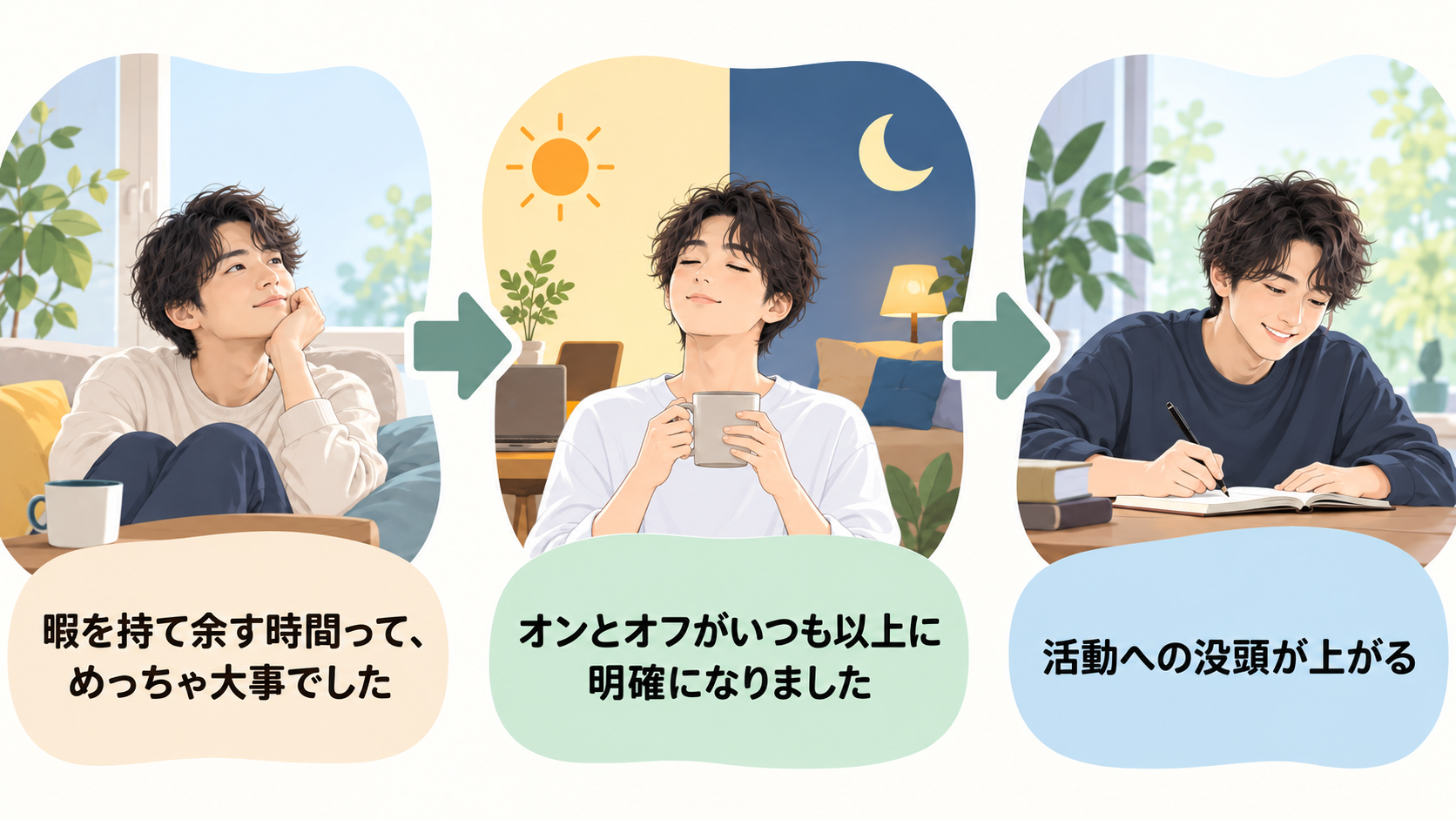 暇を持て余す時間からオンとオフが明確になり、活動への没頭が上がるまでの流れ