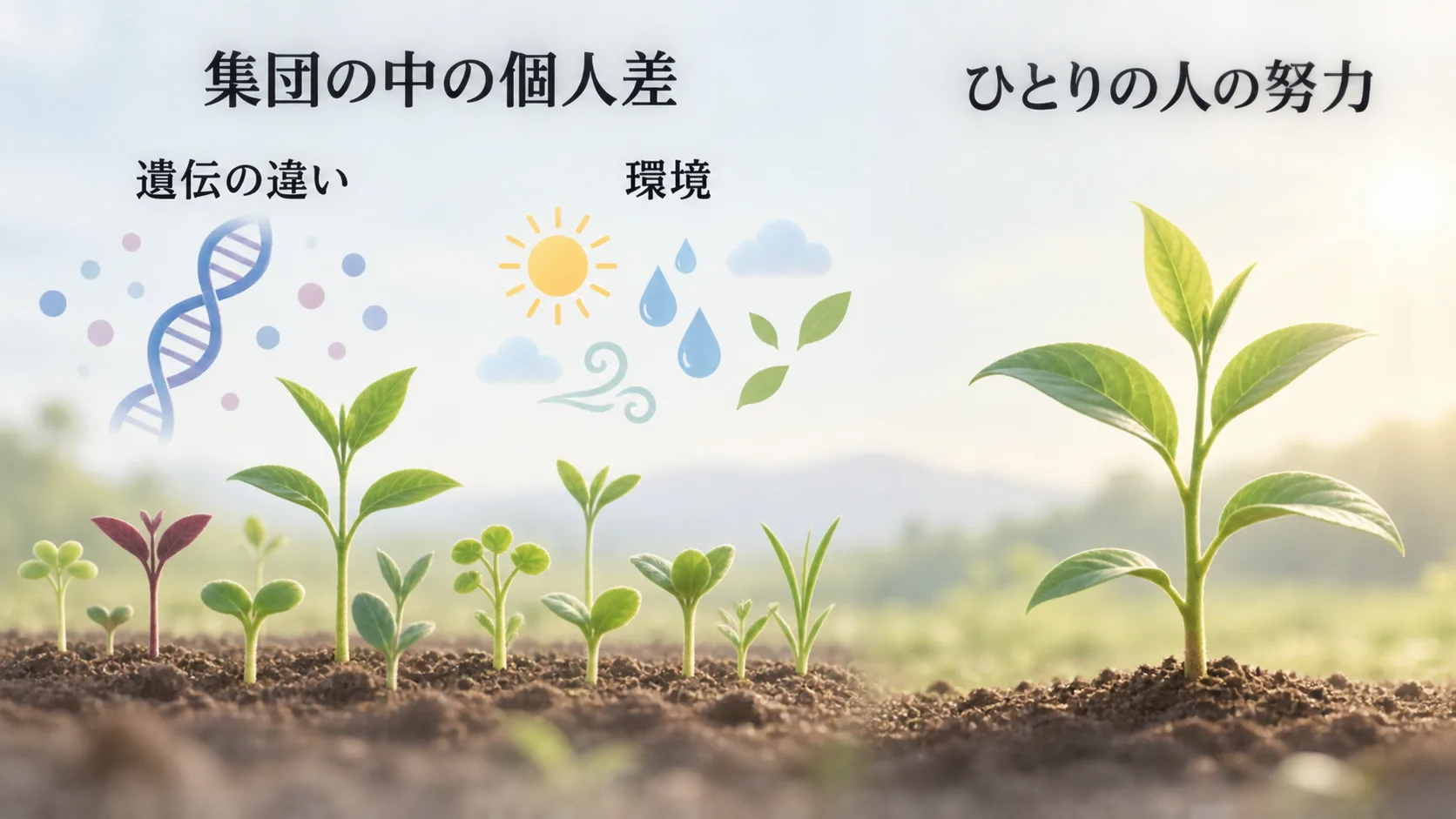 育ち方の違う芽の集まりで集団の中の個人差を表し、そこに遺伝の違いと環境が関わることと、ひとりの人の努力は遺伝と環境の割合に分けるものではないことを示した図