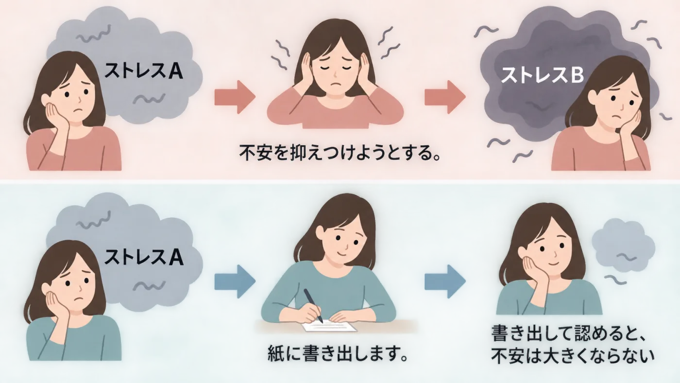 ストレスAを抑えつけるとストレスBが生まれる流れと、紙に書き出して認めると不安が大きくならない流れを比べた図