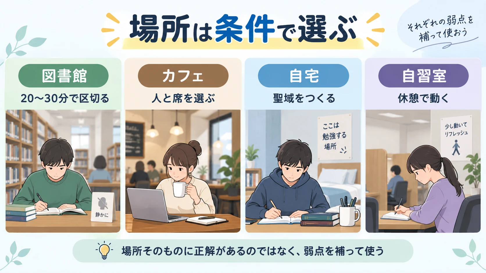 図書館、カフェ、自宅、自習室の弱点を補って使う方法を並列に示した図