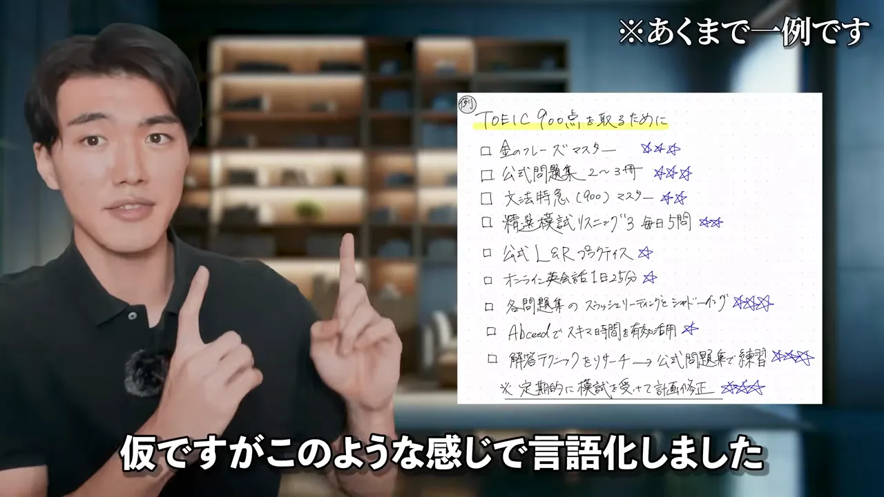 TOEIC900点を取るために書き出したやることのリストに、星の数で重要度がつけられた手書きのメモと、「仮ですがこのような感じで言語化しました」という字幕
