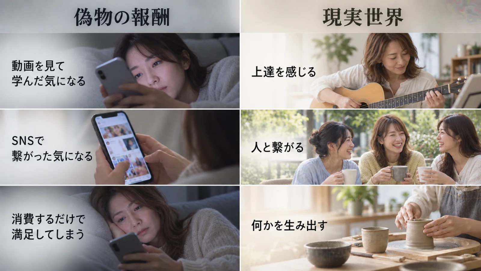 「偽物の報酬」と「現実世界」の2列に、学んだ気になる・繋がった気になる・消費するだけの体験と、上達・人との交流・創作を3行で対比した図