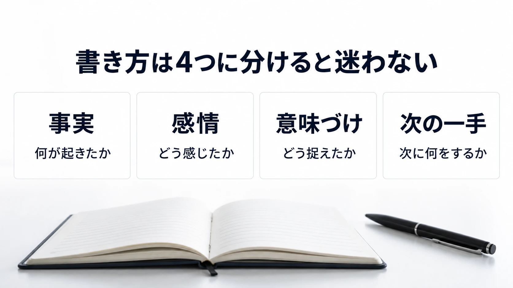揺さぶられた出来事を、事実、感情、意味づけ、次の一手の4つの観点で書き分ける図