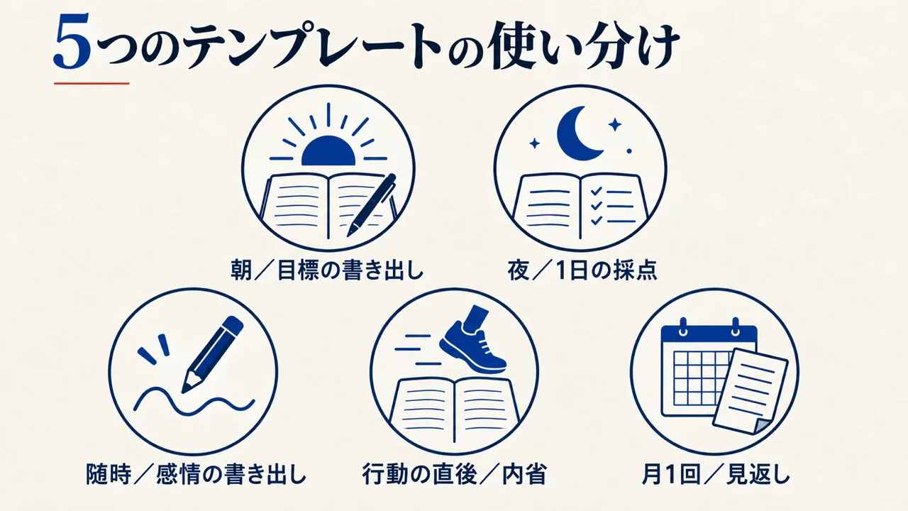 ジャーナリングのテンプレート5つの使い分けを朝・夜・随時・行動後・月1の場面別に示した図解