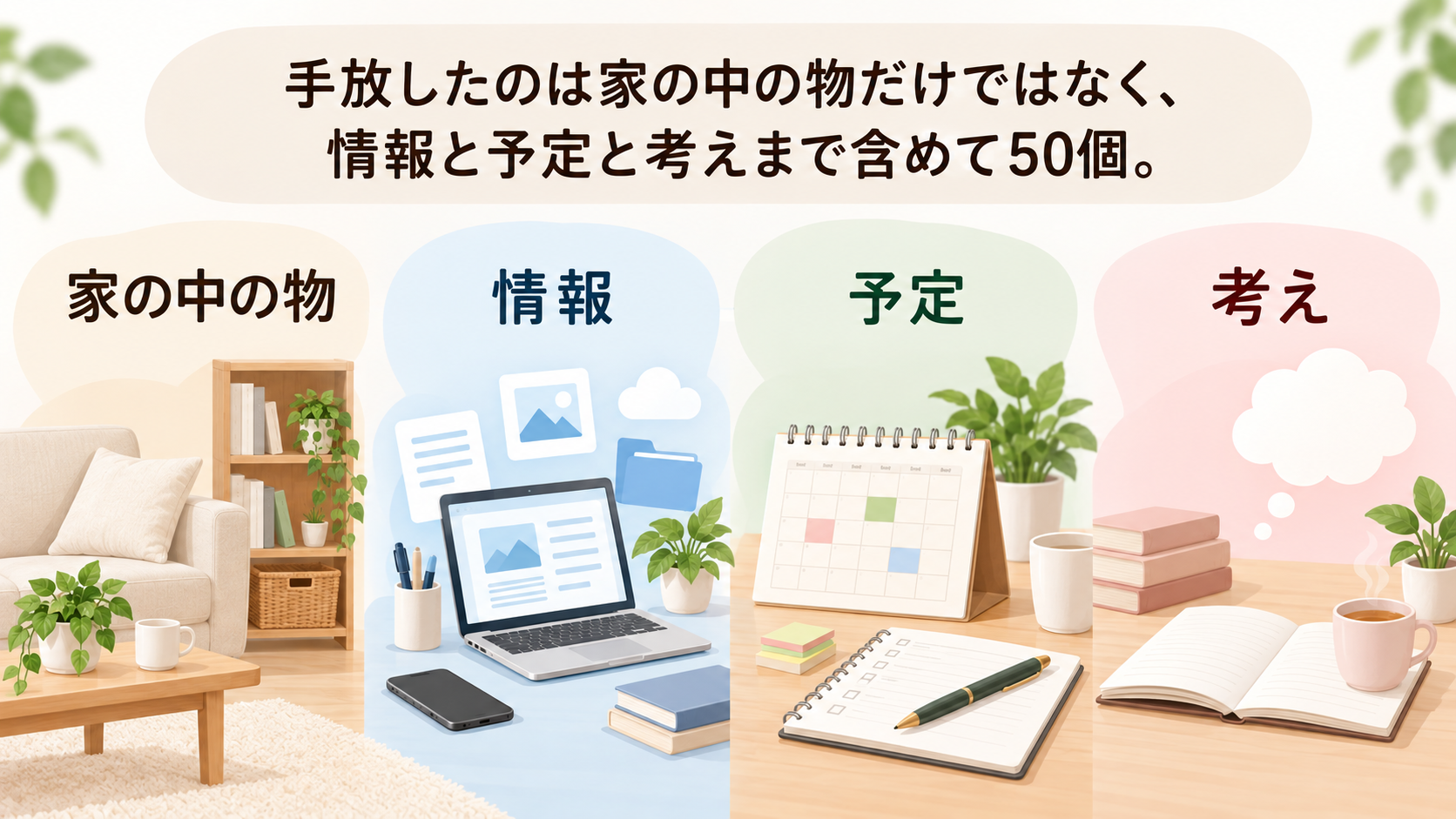 手放した50個を家の中の物、情報、予定、考えの4区分で示した全体像