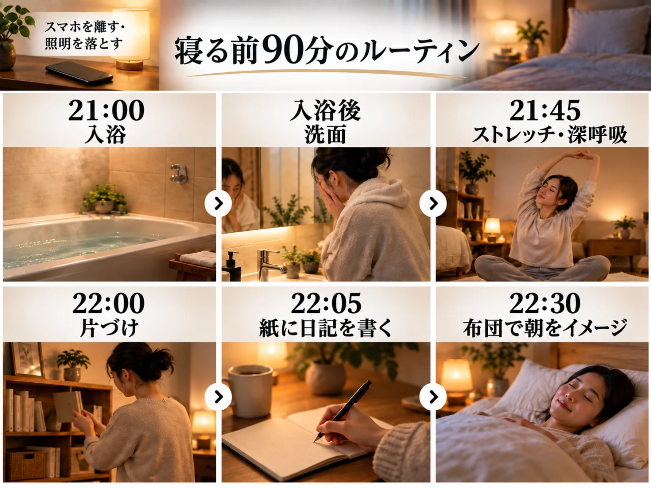 寝る前90分の例。21時入浴、入浴後に洗面、21時45分にストレッチと深呼吸、22時片づけ、22時5分に日記、22時30分に布団で朝をイメージする