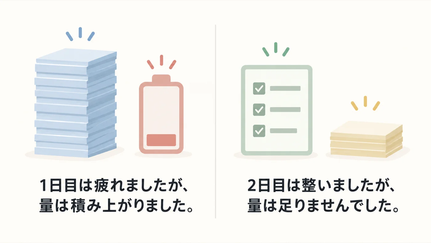 量に振り切った日は仕事が積み上がったが疲れ、質に振り切った日は整ったが仕事量が足りなかったという比較図