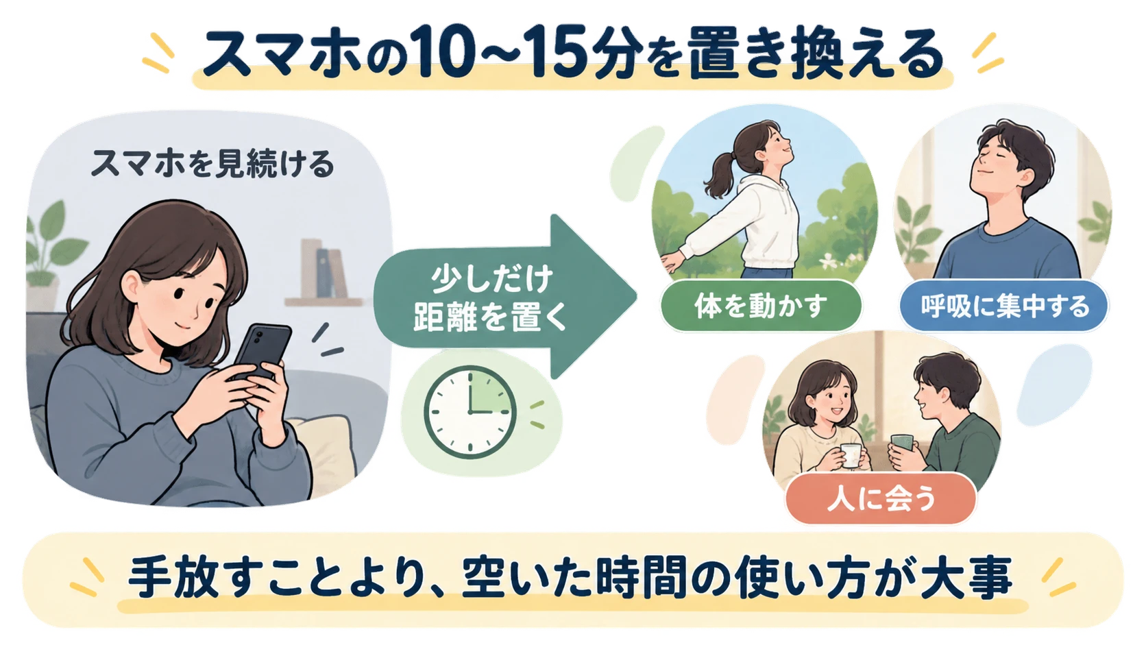 スマホを見る10〜15分を、運動、呼吸、人に会う時間へ置き換える考え方を示した図