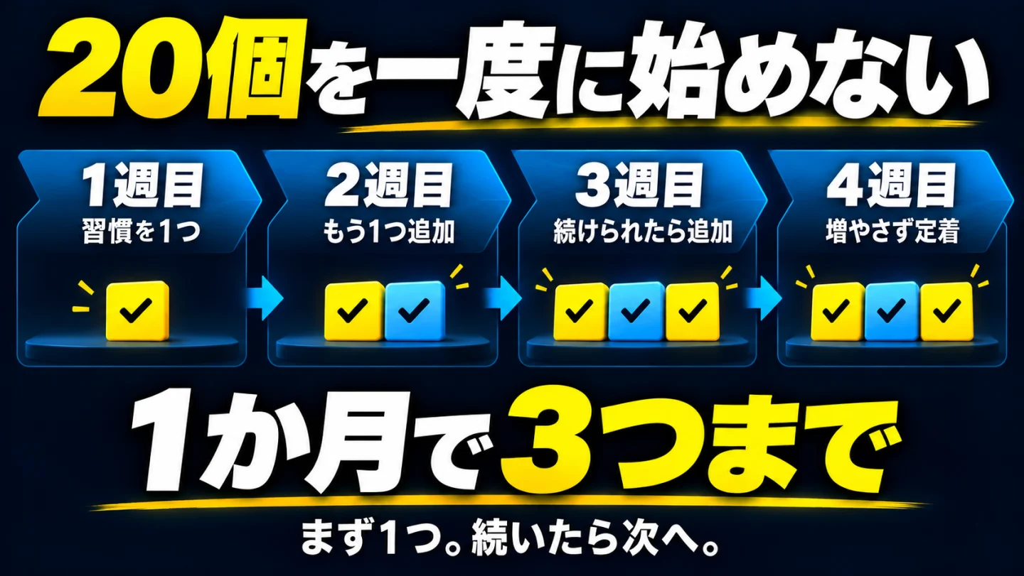 習慣を1週間に1つずつ追加し、1か月で3つまでに抑える4週間の進め方。