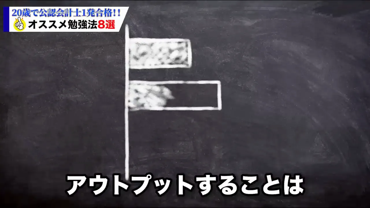 黒板にチョークで旗が描かれ、「アウトプットすることは」と表示された動画の画面