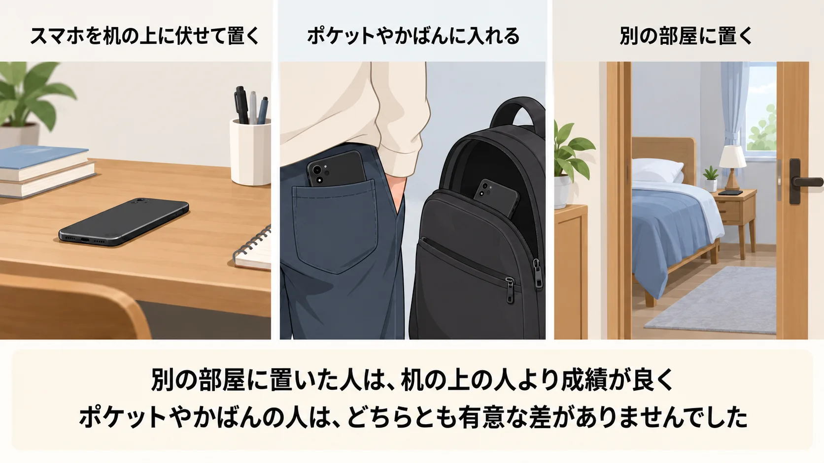 スマホを机の上に伏せて置く、ポケットやかばんに入れる、別の部屋に置くの3条件を並べた図。別の部屋の人は机の上の人より成績が良く、ポケットやかばんの人はどちらとも有意差がなかった