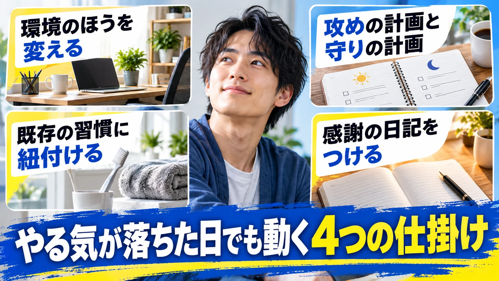 やる気が落ちた日でも動くために、環境を変える、攻めと守りの計画、既存の習慣に紐付ける、感謝の日記の4つを示した図解
