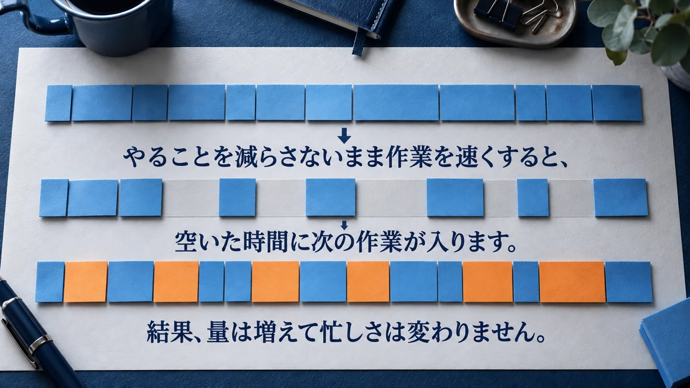 作業を速くしてできた空白に新しい作業が入り、忙しさが変わらないことを示す図