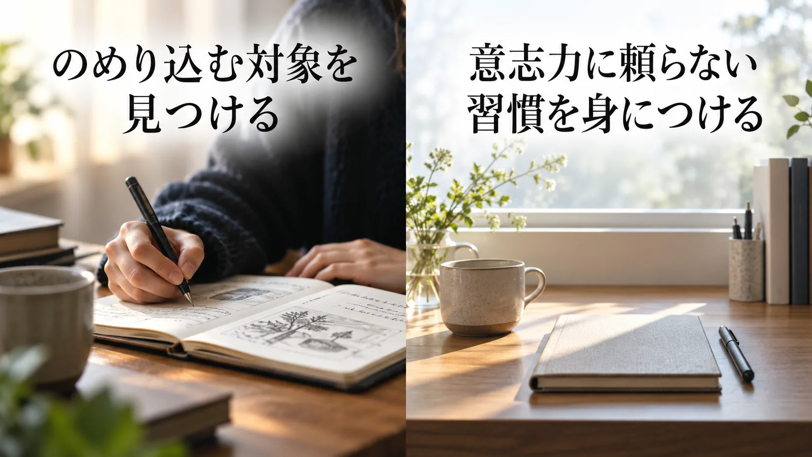 「のめり込む対象を見つける」と「意志力に頼らない習慣を身につける」を並列に示した図