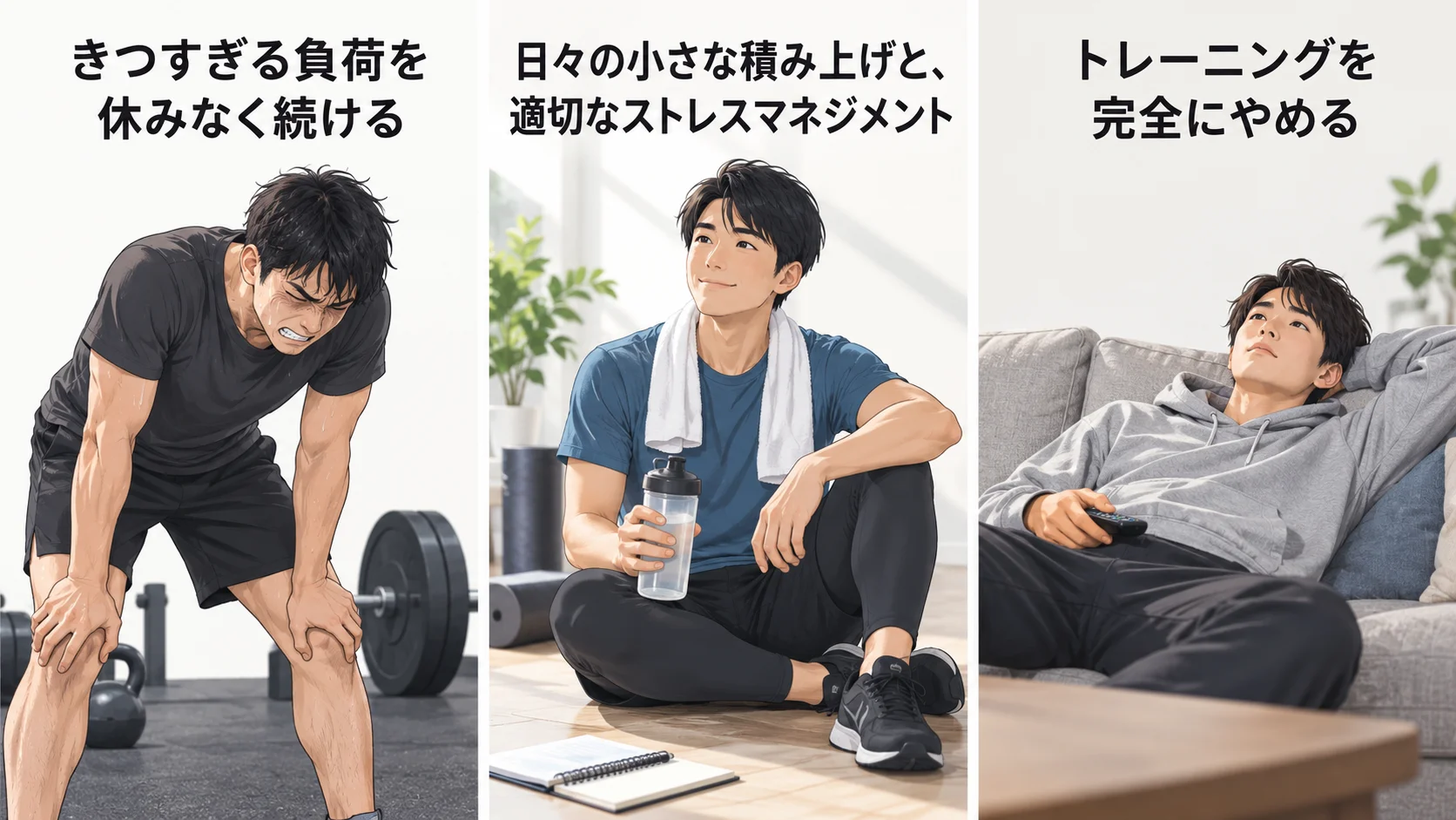 休みなく続ける負荷とトレーニングの中断を両端に置き、日々の小さな積み上げと適切なストレスマネジメントを中央に示した図